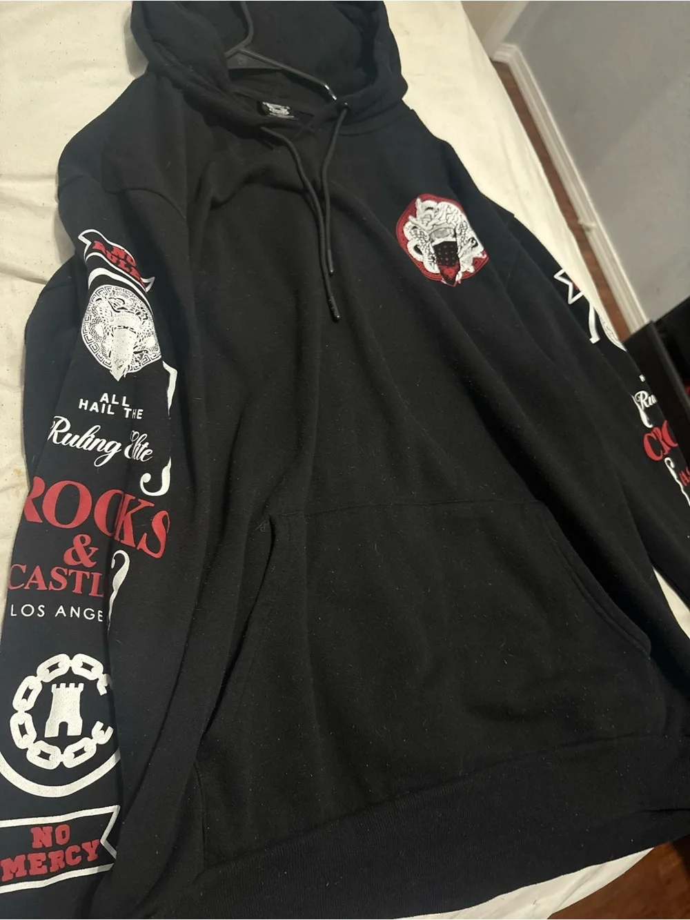 Black Graphic Hoodie Sweatshirt with Red & White Accents